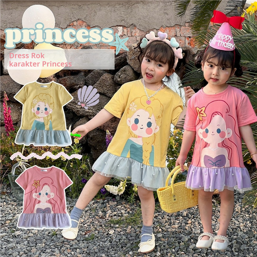 Baju Dress Ruffle Disney Pearl Princess Baju Anak Perempuan Bahan Katun Lembut Kids Bayi