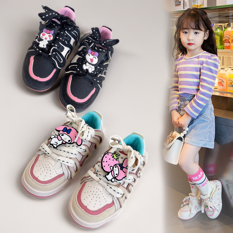 Sepatu Joochan Sneakers Anak Perempuan Cewek Shoes Karakter Sanrio Kuromi My Melody Black Pink Tali Stripe  Import Trendi Keninian Simpel Casual Cute Lucu Sol Karet Empuk Bahan Kualitas Premium Murah Usia TK SD  4-10 Tahun Size 26-36 F2023-216