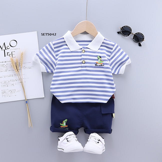 Setelan Baju/Kaos Polo Celana Pendek Anak Laki-Laki Motif Garis Bahan Premium/Impor