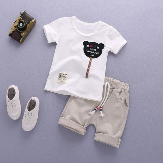 Setelan Baju/Kaos Celana Pendek Impor Anak Laki-Laki Motif Kartun Warna Putih