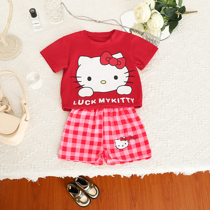 Setelan Baju Celana Kotak Cewek / Perempuan 1-6 Tahun Sanrio Kuromi Melody Hello Kitty Blue Cinnamon Bahan Premium Impor