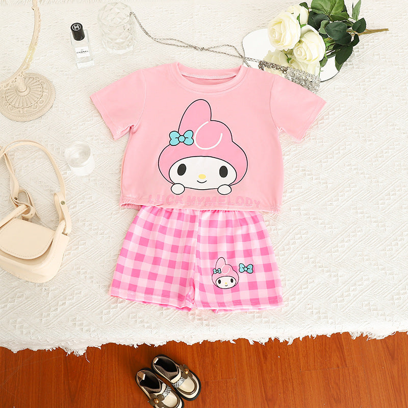Setelan Baju Celana Kotak Cewek / Perempuan 1-6 Tahun Sanrio Kuromi Melody Hello Kitty Blue Cinnamon Bahan Premium Impor