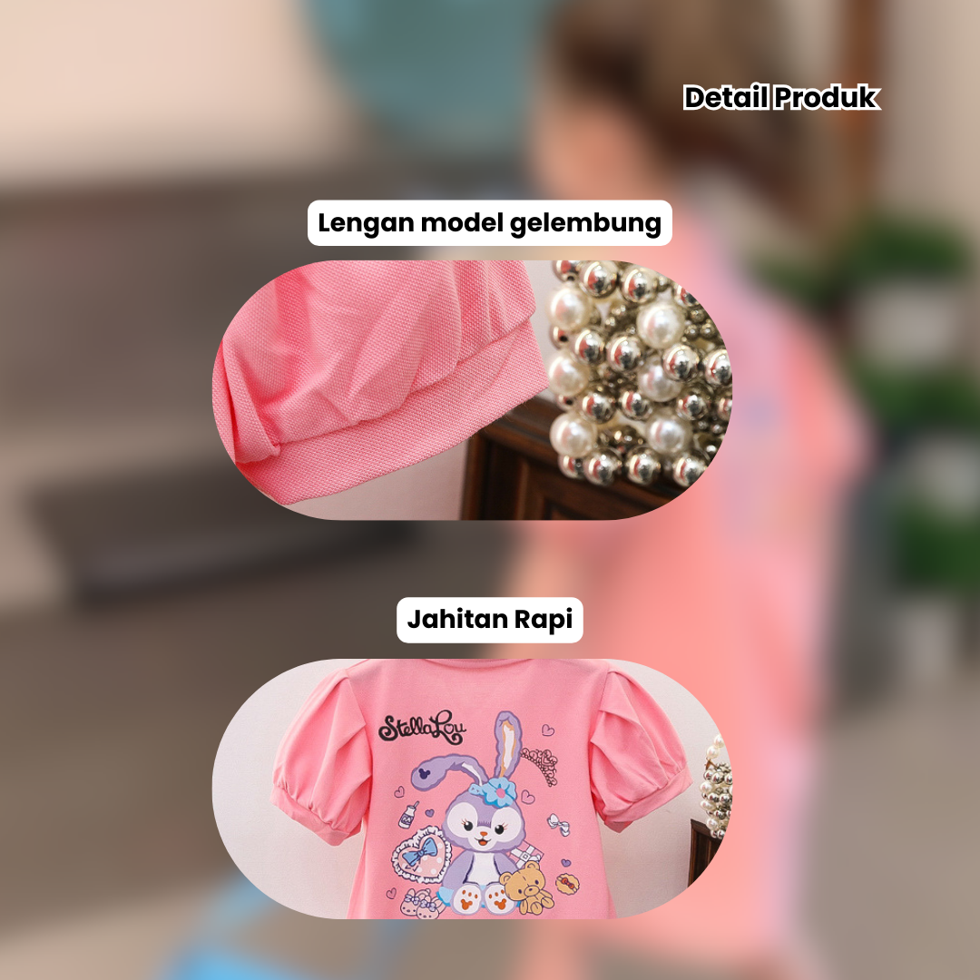 Baju Gaun Dress Anak Perempuan Motif Kelinci Lengan Balon Bahan Import