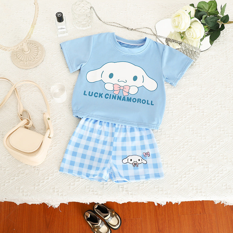 Setelan Baju Celana Kotak Cewek / Perempuan 1-6 Tahun Sanrio Kuromi Melody Hello Kitty Blue Cinnamon Bahan Premium Impor