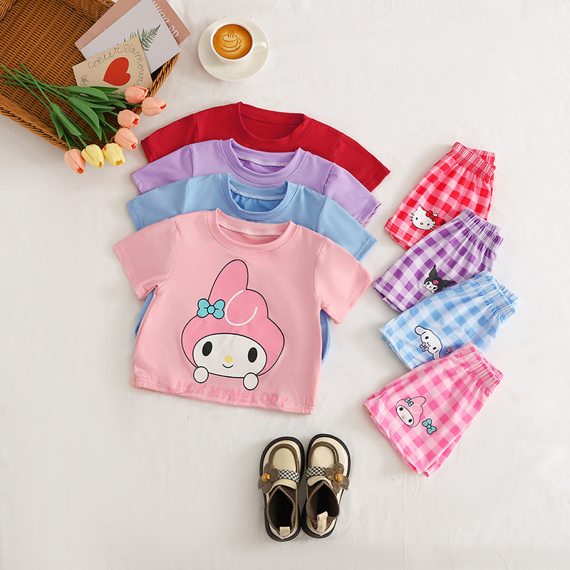 Setelan Baju Celana Kotak Cewek / Perempuan 1-6 Tahun Sanrio Kuromi Melody Hello Kitty Blue Cinnamon Bahan Premium Impor