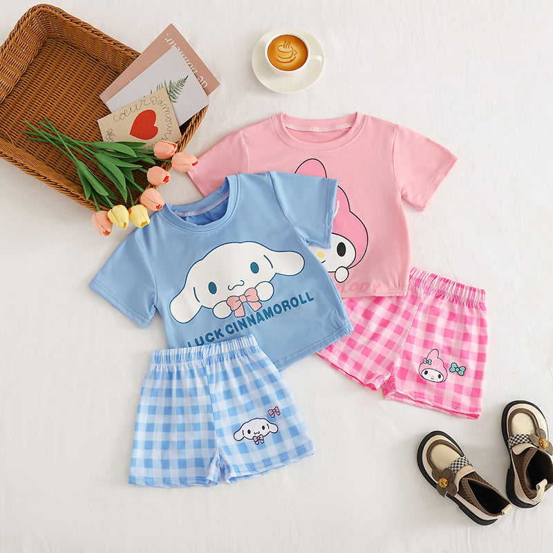 Setelan Baju Celana Kotak Cewek / Perempuan 1-6 Tahun Sanrio Kuromi Melody Hello Kitty Blue Cinnamon Bahan Premium Impor