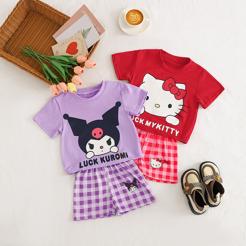 Setelan Baju Celana Kotak Cewek / Perempuan 1-6 Tahun Sanrio Kuromi Melody Hello Kitty Blue Cinnamon Bahan Premium Impor