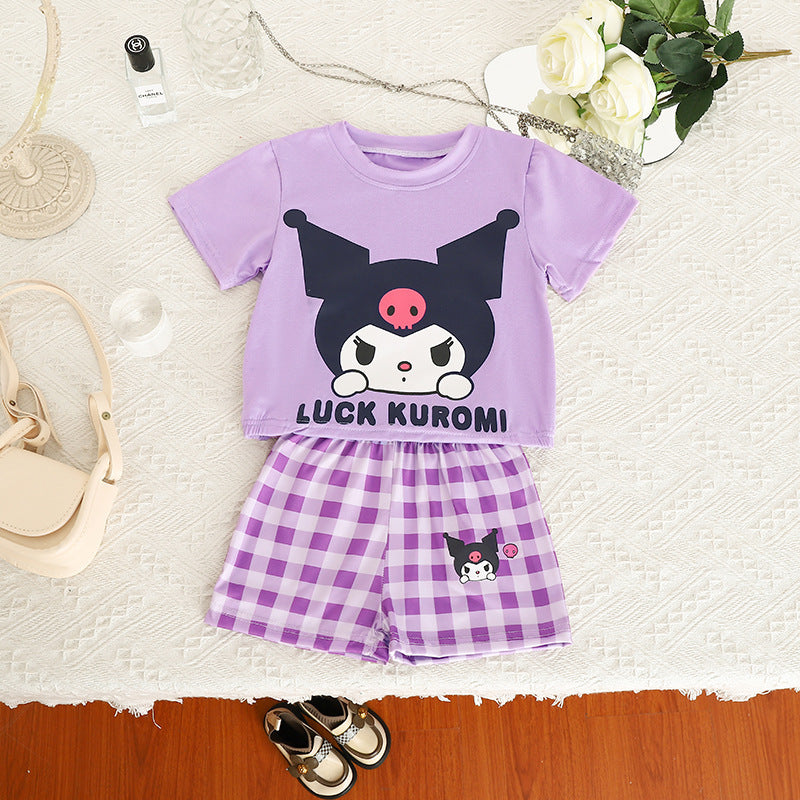 Setelan Baju Celana Kotak Cewek / Perempuan 1-6 Tahun Sanrio Kuromi Melody Hello Kitty Blue Cinnamon Bahan Premium Impor