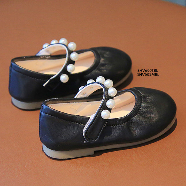 Sepatu Anak Flat Shoes Tali Mutiara Black Perempuan/Cewek usia 1-5 Tahun Bahan Premium Impor