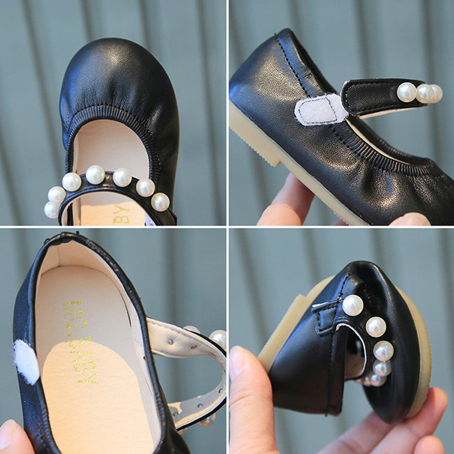 Sepatu Anak Flat Shoes Tali Mutiara Black Perempuan/Cewek usia 1-5 Tahun Bahan Premium Impor