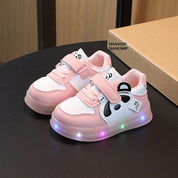 Sepatu Sneakers Anak Cewek/Cowok Usia 1-5 Tahun LED Panda  Bahan Premium Impor