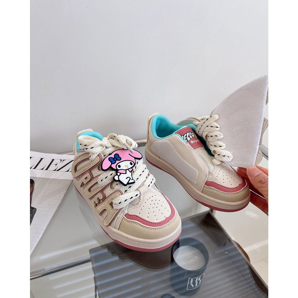 Sepatu Joochan Sneakers Anak Perempuan Cewek Shoes Karakter Sanrio Kuromi My Melody Black Pink Tali Stripe  Import Trendi Keninian Simpel Casual Cute Lucu Sol Karet Empuk Bahan Kualitas Premium Murah Usia TK SD  4-10 Tahun Size 26-36 F2023-216