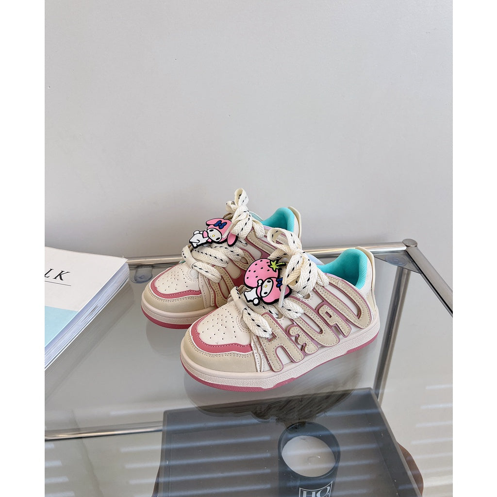 Sepatu Joochan Sneakers Anak Perempuan Cewek Shoes Karakter Sanrio Kuromi My Melody Black Pink Tali Stripe  Import Trendi Keninian Simpel Casual Cute Lucu Sol Karet Empuk Bahan Kualitas Premium Murah Usia TK SD  4-10 Tahun Size 26-36 F2023-216