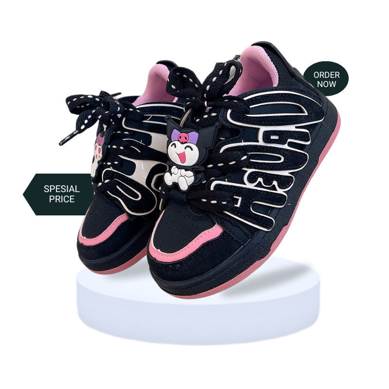 Sepatu Joochan Sneakers Anak Perempuan Cewek Shoes Karakter Sanrio Kuromi My Melody Black Pink Tali Stripe  Import Trendi Keninian Simpel Casual Cute Lucu Sol Karet Empuk Bahan Kualitas Premium Murah Usia TK SD  4-10 Tahun Size 26-36 F2023-216