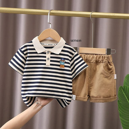 Setelan Baju Kaos Polo Strip  Celana Pendek Krem  Anak Laki-Laki Motif Garis Hitam Putih